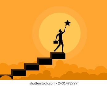Ultimate success. Businessman on the top step of the ladder grabbing stars 