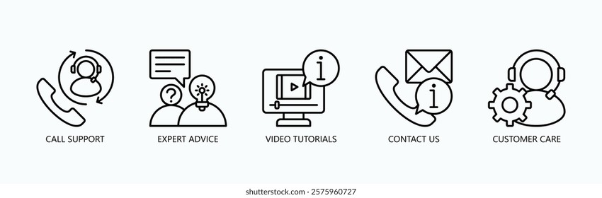 Ultimate Support Hub Icon Set Isolated Vector With Icon Of Video Tutorials, Customer Care, Contact Us, Expert Advice, Call Support In Outline Style