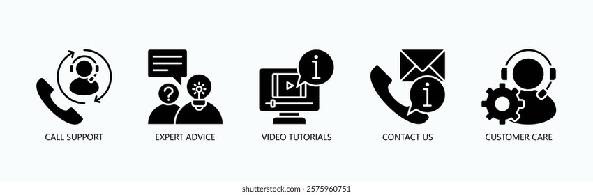 Ultimate Support Hub Icon Set Isolated Vector With Icon Of Video Tutorials, Customer Care, Contact Us, Expert Advice, Call Support In Glyph Style