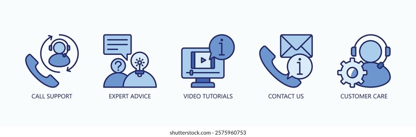 Ultimate Support Hub Icon Set Isolated Vector With Icon Of Video Tutorials, Customer Care, Contact Us, Expert Advice, Call Support In Blue Style