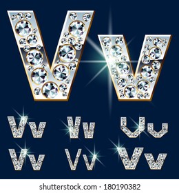 Ultimate vector alphabet of diamonds and platinum ingot. Six options. Letter v