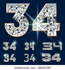 Alfabeto vectorial definitivo de los diamantes y el lingote de platino. Seis opciones. Números 3 4
