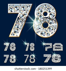 Ultimate vector alphabet of diamonds and platinum ingot. Six options. Numbers 7 8
