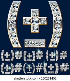 Ultimate vector alphabet of diamonds and platinum ingot. Six options. Symbols 