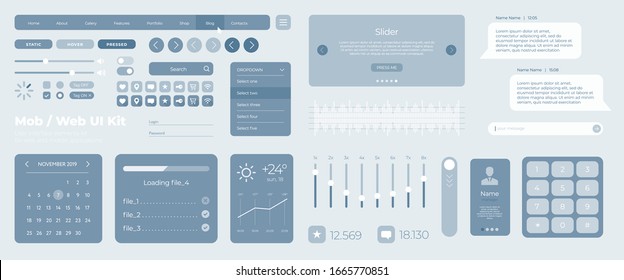 Ultimate web UI UX elements collection flat kit for mobile applications and web: icons and forms, button and check box. Universal user interface template with responsive design on grey background
