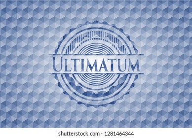 Ultimatum blue badge with geometric pattern background.