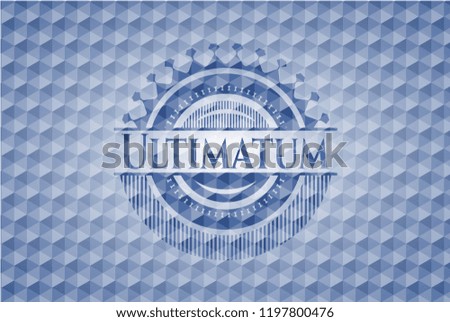 Ultimatum blue badge with geometric pattern.