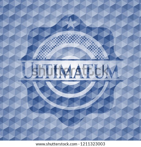 Ultimatum blue badge with geometric pattern background.