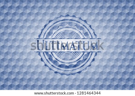 Ultimatum blue badge with geometric pattern background.