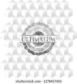 Ultimatum grey emblem. Vintage with geometric cube white background