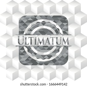 Ultimatum grey emblem. Vintage with geometric cube white background