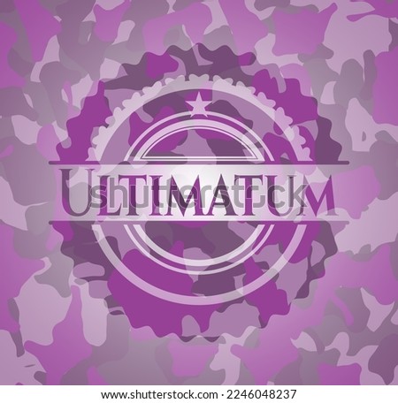 Ultimatum pink camouflaged emblem. Vector Illustration. Detailed. 