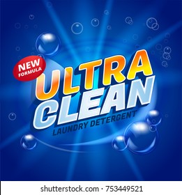 Ultra Clean Design Product Package Template. Toilet Or Bathroom Household Cleanser. Wash Soap Background Design. Washing Machine Laundry Detergent Ads. Vector Stock Illustration