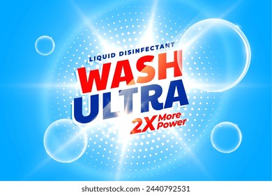 ultra clean detergent powder label with bubbles and light effect vector