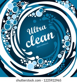Ultra clean. New formula. Creative detergent packaging concept design with swirl effect. Powder to wash clothing. Soap ultra clean design product. Toilet or bathroom tub cleanser. Vector Illustration