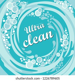 Ultra clean. New formula. Creative detergent packaging concept design with swirl effect. Powder to wash clothing. Soap ultra clean design product. Toilet or bathroom tub cleanser. Vector Illustration