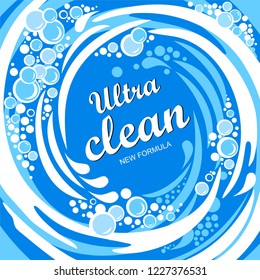 Ultra clean. New formula. Creative detergent packaging concept design with swirl effect. Powder to wash clothing. Soap ultra clean design product. Toilet or bathroom tub cleanser. Vector Illustration