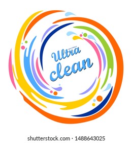 Ultra clean. New formula. Creative detergent packaging concept design with swirl effect. Powder to wash clothing. Soap ultra clean design product. Toilet or bathroom tub cleanser. Vector Illustration