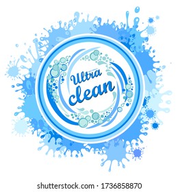 Ultra clean. New formula. Creative detergent packaging concept design with swirl effect. Powder to wash clothing. Soap ultra clean design product. Toilet or bathroom tub cleanser. Vector Illustration