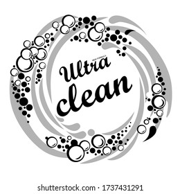 Ultra clean. New formula. Creative detergent packaging concept design with swirl effect. Powder to wash clothing. Soap ultra clean design product. Toilet or bathroom tub cleanser. Vector Illustration