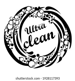 Ultra clean. New formula. Creative detergent packaging concept design with swirl effect. Powder to wash clothing. Soap ultra clean design product. Toilet or bathroom tub cleanser. Vector Illustration