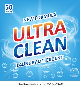 Ultra clean Soap design product. Template for laundry detergent with bubbles on blue. Package design for Liquid Detergents or Washing Powder. Vector illustration