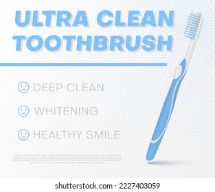 Ultra clean toothbrush for whitening and healthy smile promo banner realistic vector illustration. Manual brush for dental care medical personal hygiene oral mouth cavity protection advertising poster