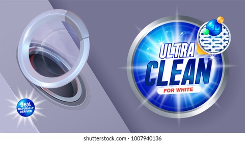 Ultra Clean Washing Template, For Laundry Detergent Packaging And Design Liquid Detergents. Vector Illustration. Cleaning Service