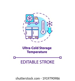 Ultra cold storage temperature concept icon. Covid vaccination. Special surrounding for medicaments. Health idea thin line illustration. Vector isolated outline RGB color drawing. Editable stroke