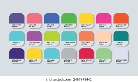 Ultra Color Palette, Ultra Color Guide Palette with Color Names. Catalog Samples of Multicolor with RGB HEX codes and Names. Ultra Colors Palette Vector, Plastic Paint Ultra Color Palette Vector tones