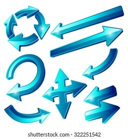 Ultra Dynamic 3D Glossy Blue Arrow Icon set. Use these super shiny glass styled arrow icons to point out the best parts of your presentation.