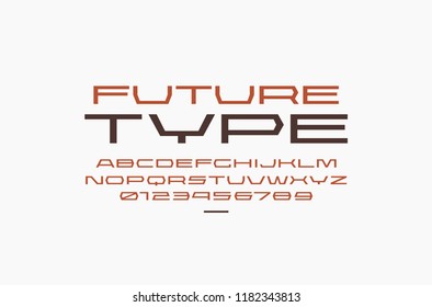Ultra expanded geometric sans serif font in sport style. Letters and numbers for sci-fi, military, racing logo and title design. Color print on white background