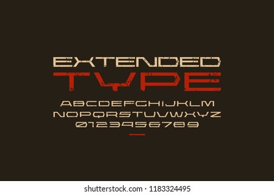 Ultra expanded geometric sans serif font in sport style. Letters and numbers with vintage texture for sci-fi, military, racing logo and title design. Color print on black background