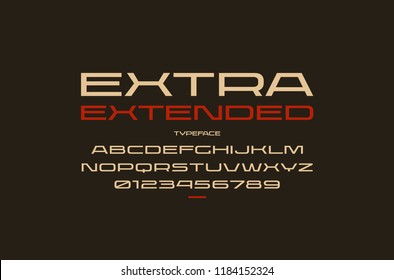 Ultra expanded sans serif font in sport style. Letters and numbers for logo and emblem design. Color print on black background