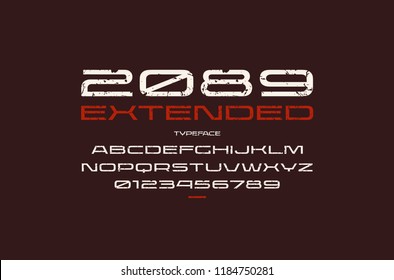 Ultra expanded sans serif font in sport style. Letters and numbers with vintage texture for logo and emblem design. Color print on black background