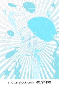 Ultra faded blue sea creature grungy vector background - Abstract Grungy fading silhouette fish, jellyfish, starfish, surrounded by ray beam