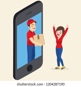 Ultra fast delivery box order online with man popping out smartphone and happy excited woman customer