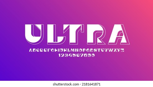 Ultra font, white modern alphabet, letters and numbers, vector illustration 10EPS