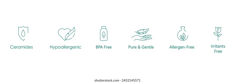 Ultra Gentle Skincare Icon: Ceramid-infundiert, hypoallergen, BPA-frei, Pure and Gentle, Allergen-frei, Reizstoff-freie Vektorgrafik Design