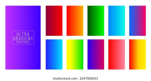 Ultra gradient swatches set. Bright vertical gradients in neon red, green, yellow, blue, and pink colors. Vivid high-contrast transitions for modern digital design. Vector illustration.