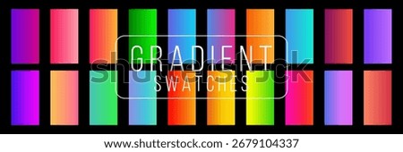 Ultra gradient swatches set. Bright vertical gradients in neon red, green, yellow, blue, and pink colors. Vivid high-contrast transitions for modern digital design. Vector illustration.