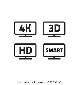 Ultra hd 4k tv format, full hd television icons set line outline style, 3d video emblem label for lcd or led smart tv icon, isolated on white