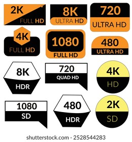 Coleção de ícones de Alta Definição Ultra.480, 720, 1080, 2K, 4K e 8K símbolo de padrão de resolução de tela de monitor de alta definição. Rótulo para tela do dispositivo. Ilustração vetorial.