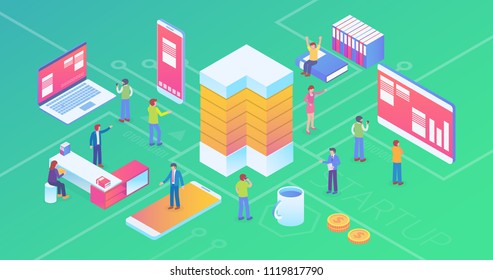 Ultra HD Resolution Technology Startup Company Isometric Composition Background Concept With People and Digital Related Asset Illustration