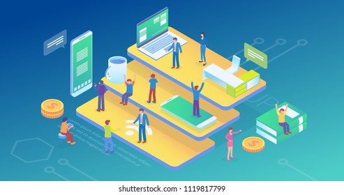 Ultra HD Resolution Technology Startup Company Isometric Composition Background Concept With People and Digital Related Asset Illustration