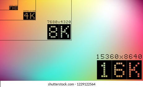 Ultra high  resolution 16k comparison mock up with abstract tv background image. 8k 4k 2k full hd ultra hd scale frame