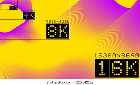 Ultra high  resolution 16k comparison mock up with abstract tv background image. 8k 4k 2k fullhd ultrahd scale frame