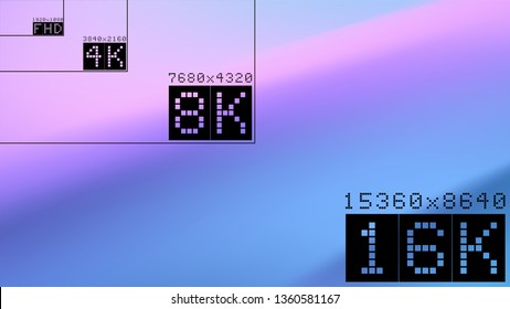 Ultra high  resolution 16k comparison mockup with abstract tv background image. 8k 4k 2k fullhd ultrahd scale frame Vector background. Fluid wavy backdrop