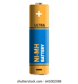 Ultra nickel–metal hydride type of powerful and compact battery isolated on white. Qualitative energy container for long usage. Small galvanic appliance to refill power content vector illustration.