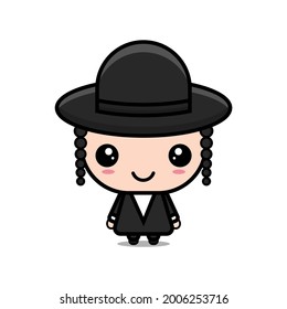 Ultra Orthodox Religious Jewish With Black Religious Clothing . Orthodox Jew Cute Cartoon Character.